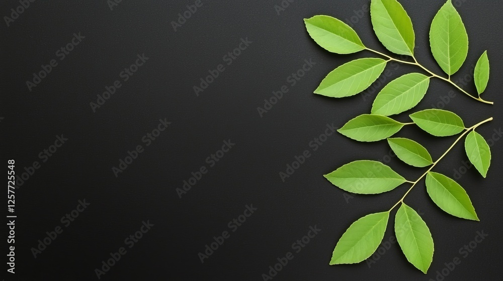 Fototapeta premium A branch of green leaves on a black background