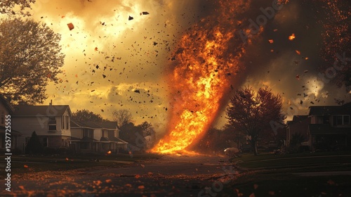 Inferno's Embrace, A furious firestorm ripping through a suburban landscape photo