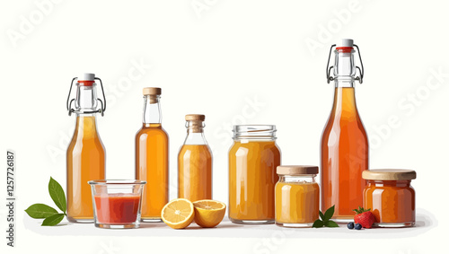 A realistic vector illustration of honey jars and bottles, ideal for product branding and natural food themes.