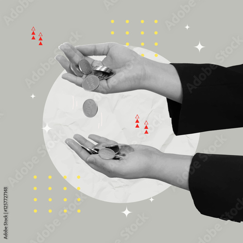 Collage of hands exchanging coins symbolizing transactions and financial exchange, vector illustration
