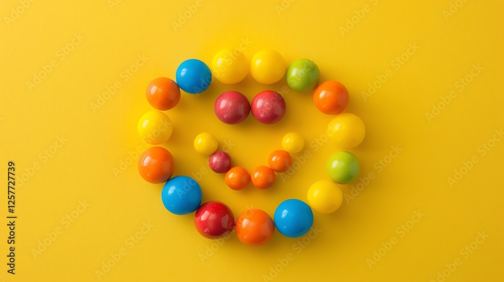Obraz premium Colorful candy balls arranged in a circle on a yellow background. The candy balls are red, orange, yellow, green, blue, and purple.