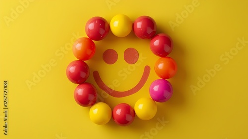 Colorful balls arranged in a circle on a yellow background. The balls are red, orange, yellow, green, blue, and purple. photo