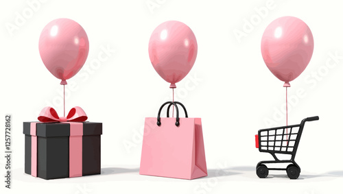 A vector illustration of three pink balloons carrying a shopping bag, a gift box, and a shopping cart. Ideal for online shopping and retail promotions.