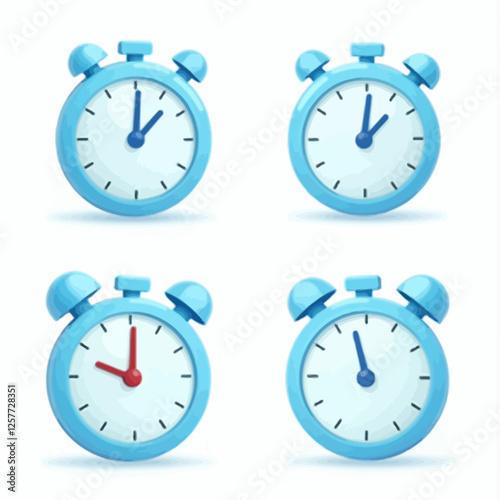 A stylish vector illustration of four blue alarm clocks displaying different times. Great for time management, schedule, and productivity themes.