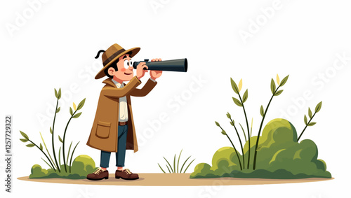 A cheerful vector illustration of a young boy explorer using binoculars in nature. Perfect for adventure, exploration, and educational themes.