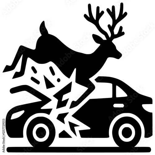 Deer Collision Warning: A stark black and white illustration depicts a deer leaping over a car, highlighting the potential for a collision and serving as a reminder of driving safety. 