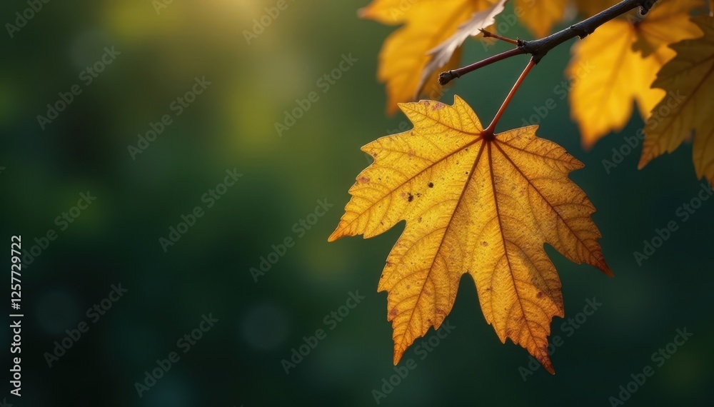 Ornate gold leaf hangs delicately from a tree branch , image, detail Ornate gold leaf hangs delicately from a tree branch , image, detail