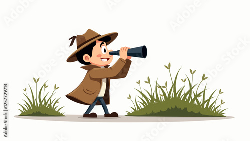 A cheerful vector illustration of a young boy explorer using binoculars in nature. Perfect for adventure, exploration, and educational themes.