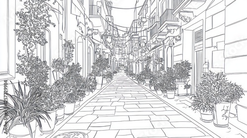 Narrow cobblestone street, potted plants, sunny day, travel guide illustration