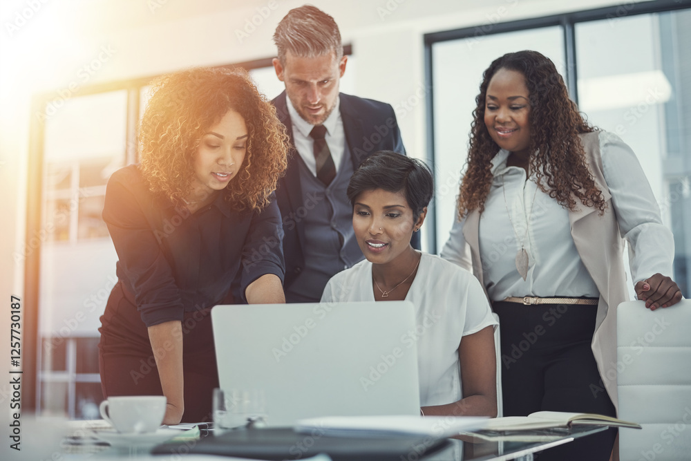 News, teamwork or business people in meeting on laptop for feedback, finance or research online. Corporate report, smile or financial advisor talking to economists for economy growth or collaboration