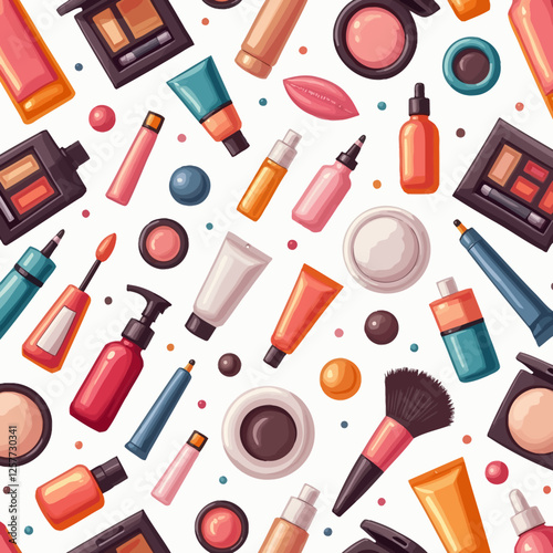 A stylish vector illustration of a seamless pattern featuring various makeup and cosmetic products. Ideal for beauty, fashion, and branding designs.
