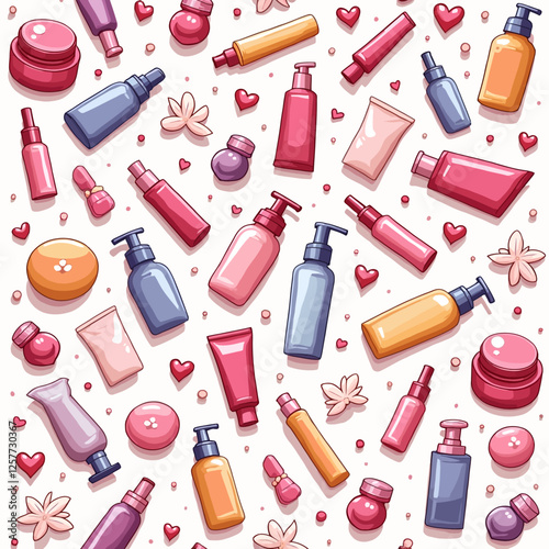 A stylish vector illustration of a seamless pattern featuring various makeup and cosmetic products. Ideal for beauty, fashion, and branding designs.