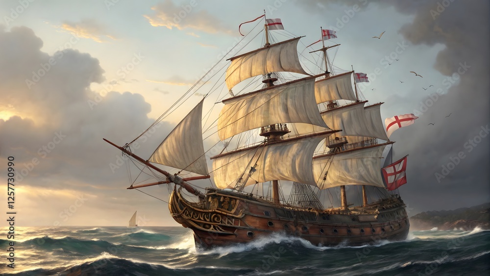 Obraz premium Majestic Sailing Ship Hyper-Realistic Galleon on the High Seas V3