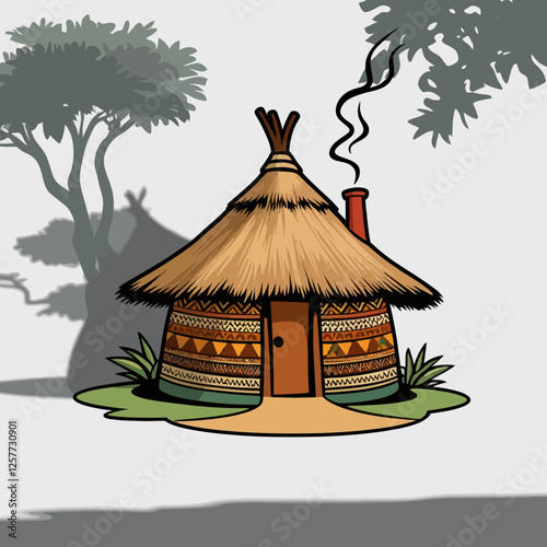  A detailed vector illustration of a traditional African hut with a thatched roof, decorated with tribal patterns. Great for cultural and travel-related themes.