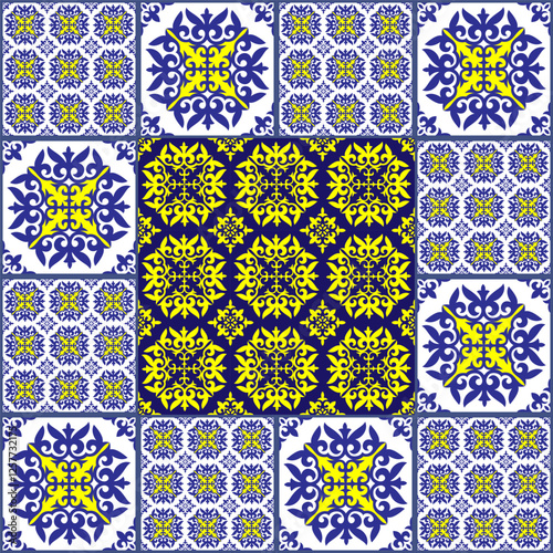 Moroccan tile mosaic. Talavera pattern. Azulejos portugal. Spanish porcelain, pottery.  Ceramic tableware, folk print. Turkish ornament.  Mediterranean seamless  wallpaper, tile print