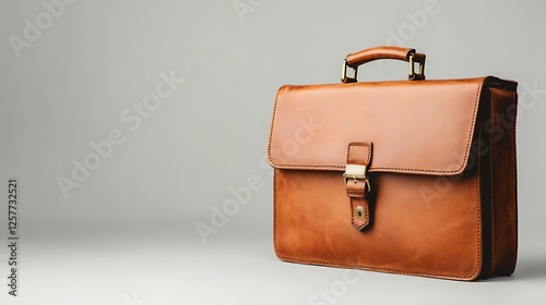 Leather Briefcase on Right Side of Light Grey Background : Suitable for Be Used in Blog Posts, Social Media Posts or Website Content Related to Business and Consulting Theme.