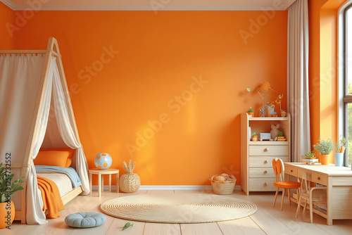 Beautiful children's room with bright orange wall and furniture. Interior design