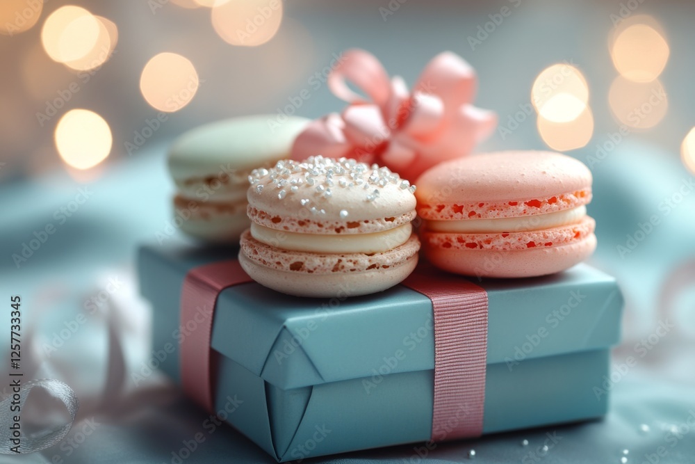 Pastel-colored macarons in a gift box with a soft ribbon Pastel-colored macarons in a gift box with a soft ribbon