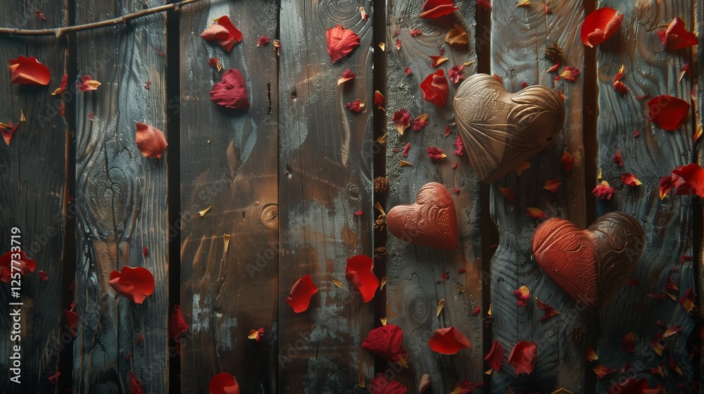 Naklejka premium A rustic Valentinea??s background with a wooden texture, red hearts, and dried rose petals. The cozy tones and natural elements evoke warmth and romance.