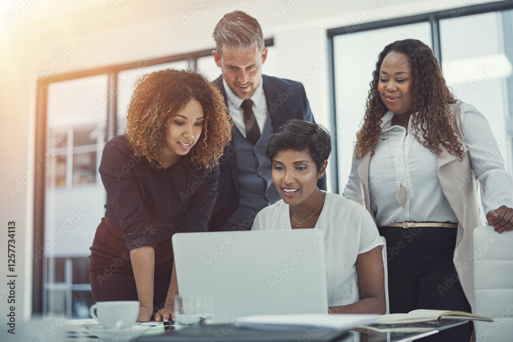 Finance, teamwork or business people in meeting on laptop for news feedback or research online. Company report, smile or financial advisor reading with economists for economy growth or collaboration