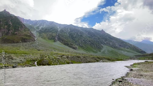 Himalayan mountain view at Mughalpura with the Drass River in Ladakh. It is on NH 1 near the Mina Marg Check Post in the union territory of Ladakh in India. photo