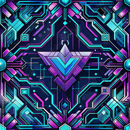 Seamless futuristic neon hexagonal pattern in blue and purple