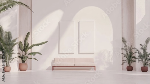 A classic white wall with two large empty frames for artwork or posters, perfect as an interior design background.