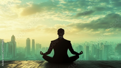 An investor meditating in a serene environment,