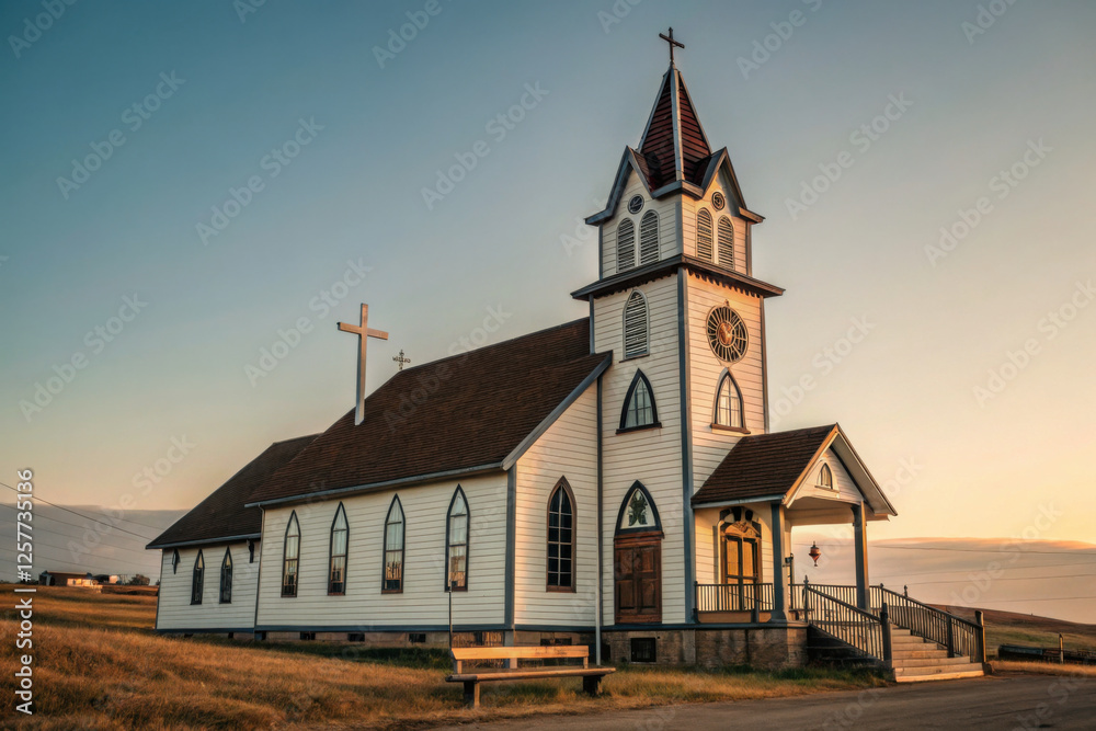 Obraz premium Traditional countryside church with wooden architecture and a cross under a clear sky