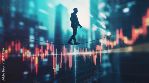 An investor walking on a tightrope over a stock