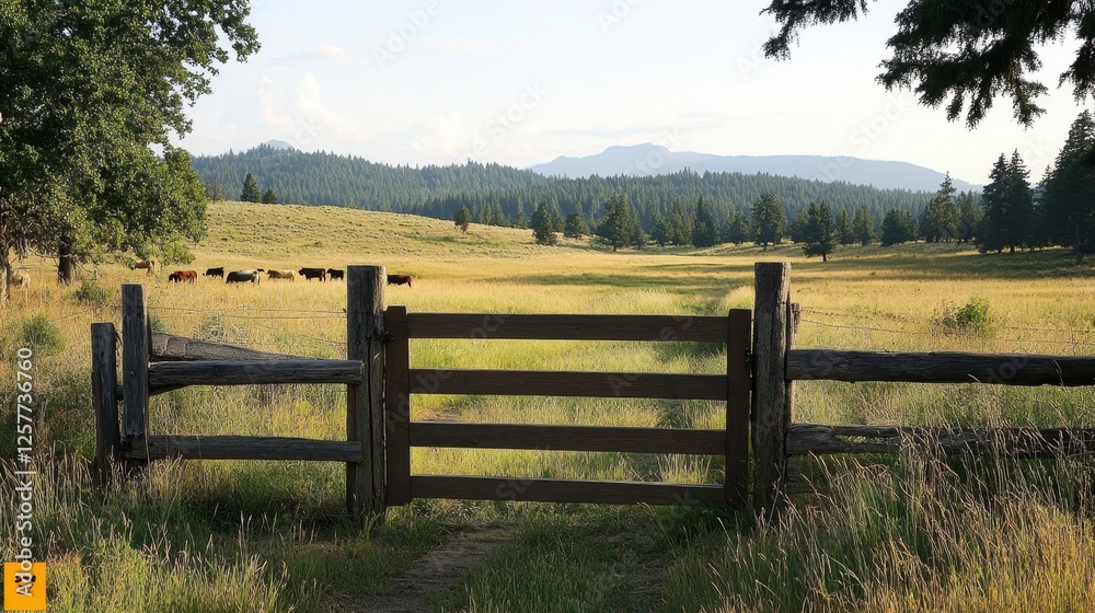 Serene Countryside Meadow with Wooden Gate and Cattle Serene Countryside Meadow with Wooden Gate and Cattle