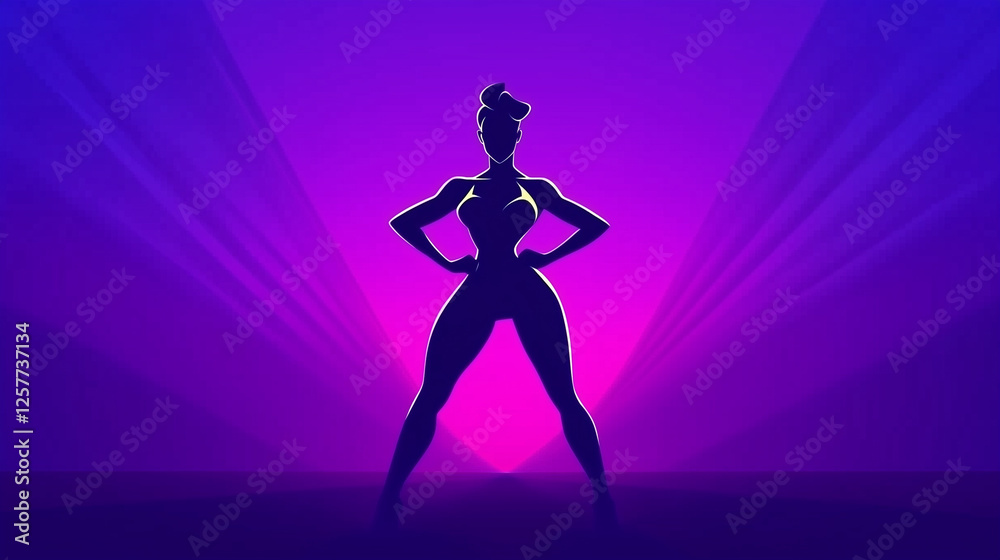 A minimalist digital illustration of a strong female silhouette standing confidently with hands on hips against a vibrant pink and purple light burst, symbolizing empowerment, confidence, and feminism A minimalist digital illustration of a strong female silhouette standing confidently with hands on hips against a vibrant pink and purple light burst, symbolizing empowerment, confidence, and feminism
