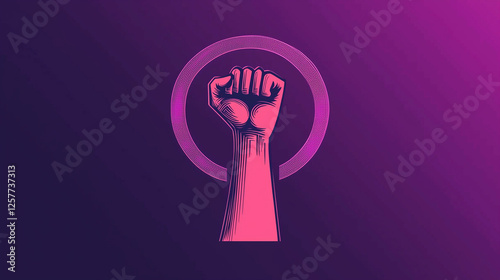 A minimalist digital illustration of a raised fist in pink with a circular outline on a purple gradient background symbolizing women's empowerment and feminism for International Women's Day.