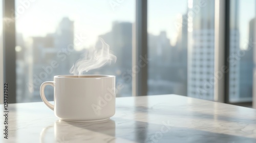 Steaming cup of coffee on a marble table with cityscape view in the background, capturing a serene morning moment.