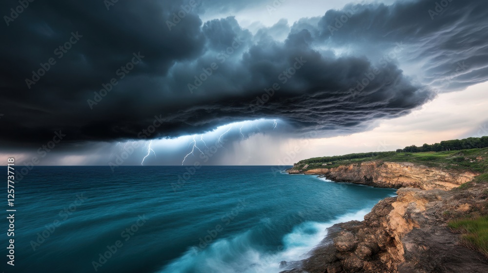 A dramatic view of dark storm clouds forming over the vast sea, powerful waves crashing below, heavy rain falling diagonally, flashes of lightning illuminating the sky, an intense A dramatic view of dark storm clouds forming over the vast sea, powerful waves crashing below, heavy rain falling diagonally, flashes of lightning illuminating the sky, an intense