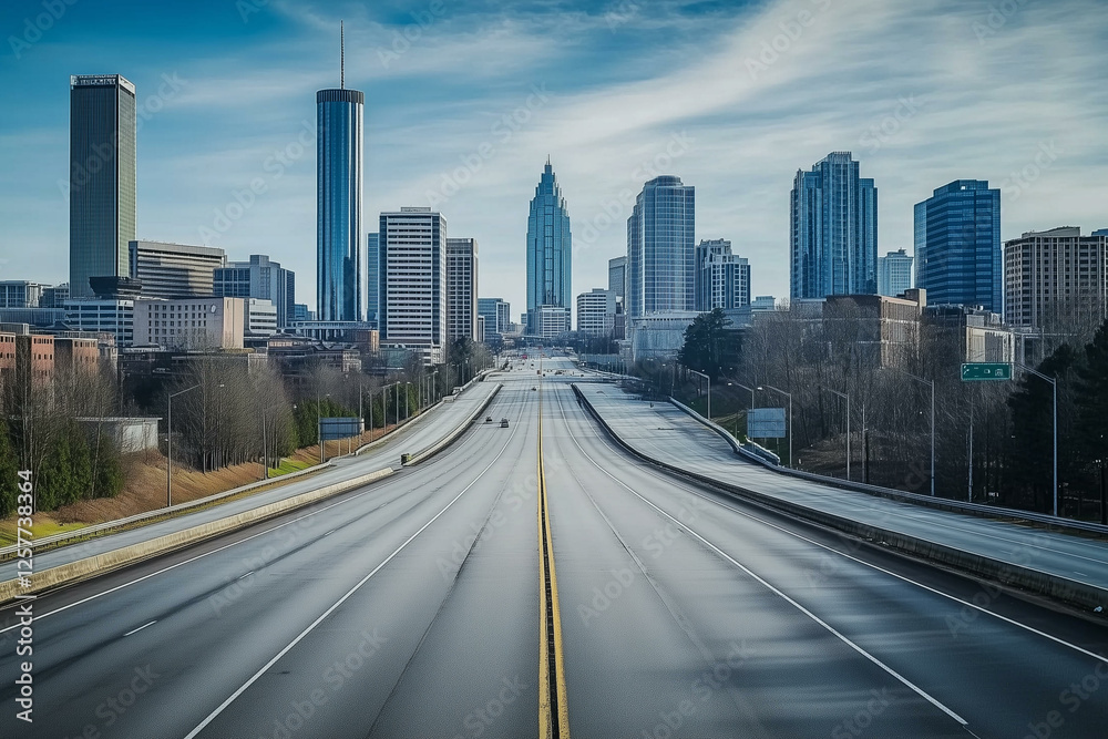 Fototapeta premium Urban skyline with empty highway foreground. City road with panoramic view of skyscrapers and high-rise residential and commercial buildings