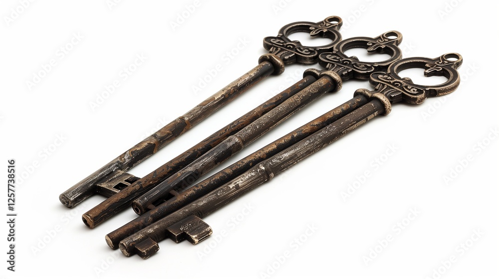 A set of antique skeleton keys with intricate engravings, isolated on white. The weathered metal and unique shapes hint at history. A set of antique skeleton keys with intricate engravings, isolated on white. The weathered metal and unique shapes hint at history.
