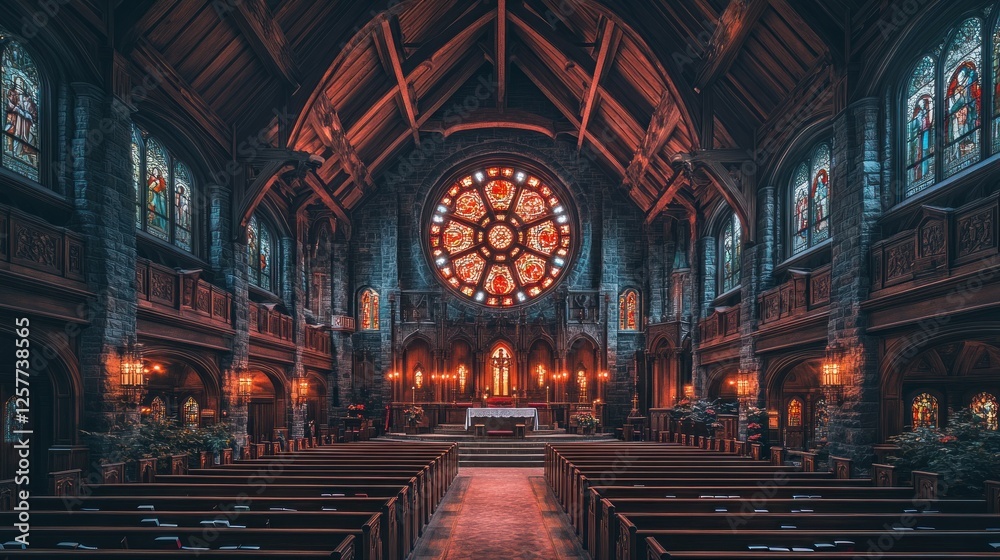 Fototapeta premium Ornate church interior, stained glass, worship space, historical architecture