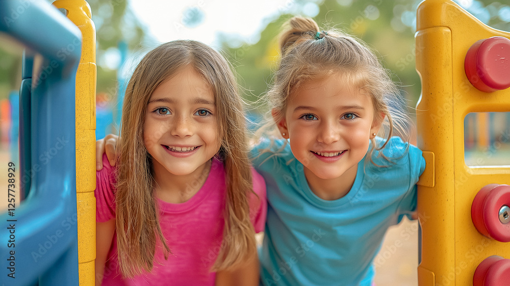 Two girls smiling and playing in a park Two girls smiling and playing in a park