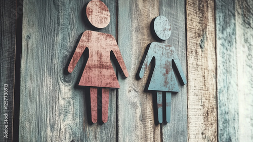 A stylized digital illustration of two rustic female figures representing gender equality, mounted on a weathered wooden background, symbolizing balance, inclusion,  photo