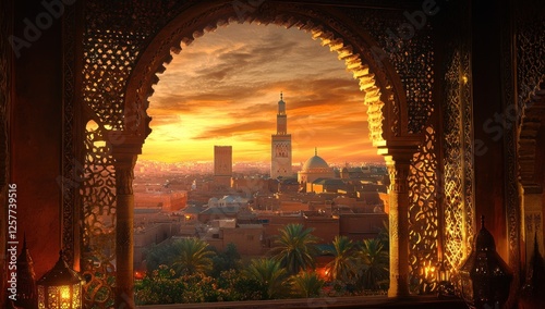 Sunset over Marrakech: A view from an ornate archway