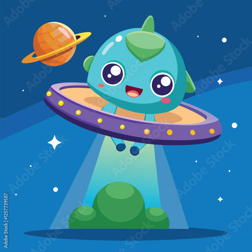 Cute alien in flying saucer space cartoon