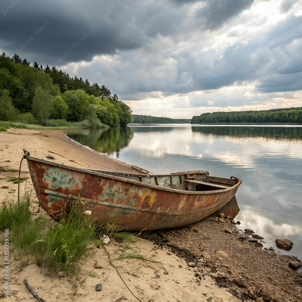 Obraz premium Old rusty fishing boat on the slope along the shore