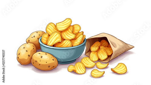 A realistic vector illustration of crispy potato chips in a bowl with whole potatoes and a paper bag. Perfect for food packaging and snack advertisements.