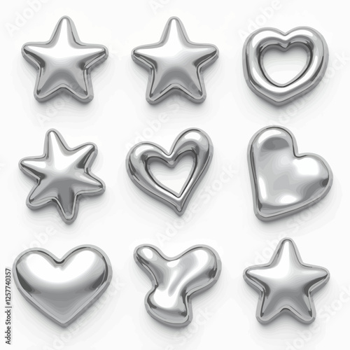 A stylish vector illustration of silver metallic decorative icons, including stars, hearts, and flowers. Ideal for design and decorative projects.