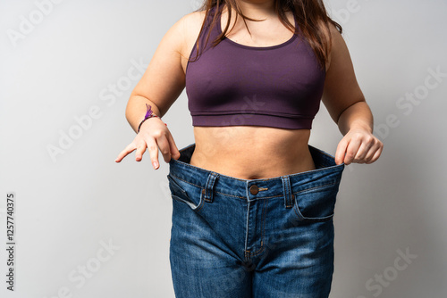 Woman showing weight loss by wearing large jeans after diet