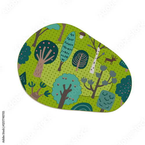 Cute kids sticking eye plaster with forest trees pattern. Isolated vector illustration. Amblyopia, strabismus, or lazy eye treatment concept