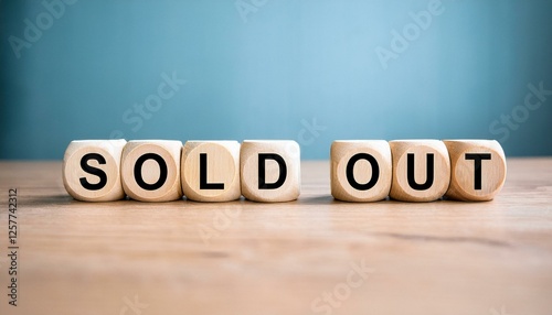 売り切れを意味する英語のフレーズのSOLD OUTの文字が書かれた木製のキューブブロック。 aiで生成 photo