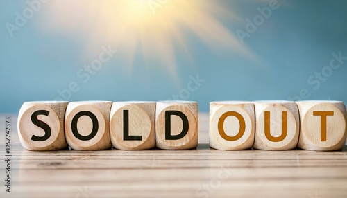 売り切れを意味する英語のフレーズのSOLD OUTの文字が書かれた木製のキューブブロック。 aiで生成 photo