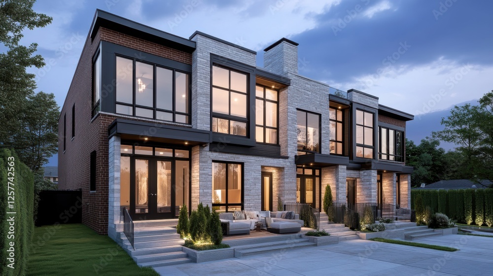 Naklejka premium A high-end townhouse with a rooftop terrace, modern brick and stone exterior, stylish outdoor seating area, large sliding glass doors connecting indoor and outdoor spaces, sophisticated urban living